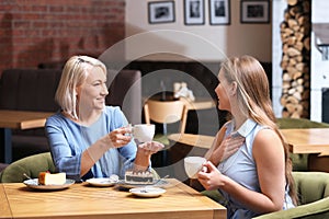 Mother and her adult daughter spending time in cafe