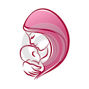 Mother with her baby, outline vector silhouette, mother care icon.