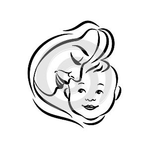 Mother with her baby. Stylized outline symbol. Motherhood, love