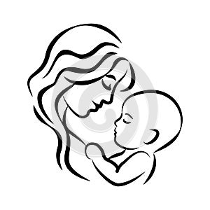 Mother with her baby. Stylized outline symbol. Motherhood, love