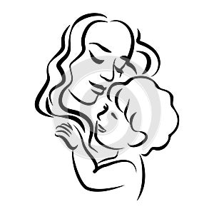 Mother with her baby. Stylized outline symbol. Motherhood, love