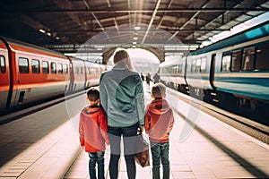 Mother And Her Boys Longingly Await Fathers Arrival At The Station Surrounded By Waiting And Arriving Trains - Generative AI photo
