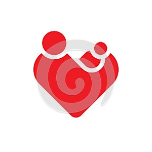 Mother with her child in her hands. Simplified symbol in a shape of heart. Motherhood or Mothers Day theme. Red vector