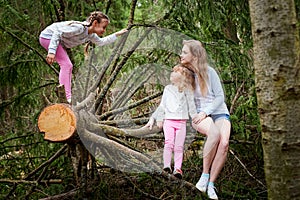 Mother and her child sister girls playing and having fun together on walk in forest outdoors. Happy loving family posing
