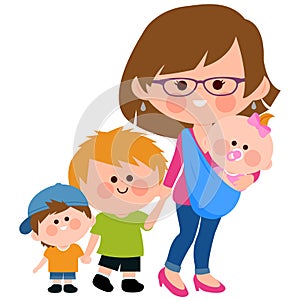 Mother with her children and her baby in a sling. Vector illustration