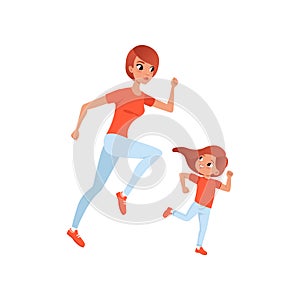 Mother and her little daughter on morning jogging. Physical activity and healthy lifestyle concept. Mom and child in