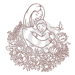Mother with her little son. Adult coloring vector page. Motherday illustration