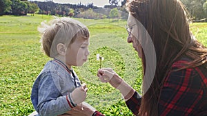 Mother with her little son blowing on a dandelion while sitting on a green field