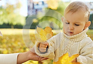 Mother with her little son walks in the autumn park. Mother gives her son an autumn yellow leaf