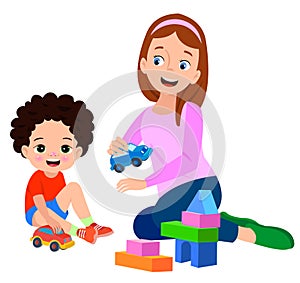a mother and her son playing with blocks and a car
