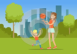 Mother and her son playing together with a ball in city park outside, family leisure vector illustration