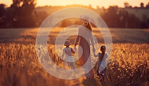 Mother and her two children walking through field at sunset