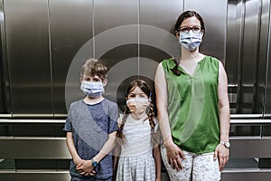 Mother and her two children wearing masks