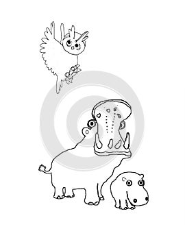 Mother hippo and baby, colouring book page uncolored and colored