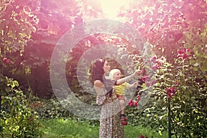 Mother hold son at blossoming roses on idyllic sunny day