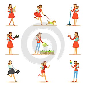 Mother Holding Baby In Arms Doing Different Activities Set Of Illustrations With Supermom And Her Duties