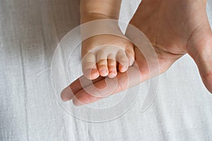 Mother is holding baby foot
