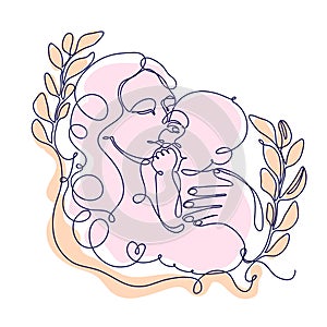 Mother holding baby, illustration of happy motherhood, childbirth.