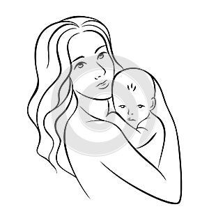Mother holding baby, illustration of happy motherhood, childbirth. Black outline, simple lines, clip-art.