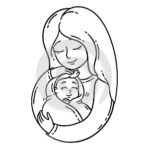 Mother holding baby. Isolated objects on white background. Vector illustration. Coloring pages.