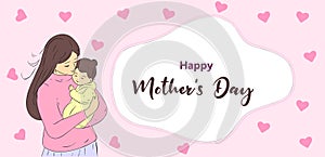 Mother Holding Baby Son In Arms. Happy Mother`s Day Greeting Card, wishes card