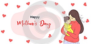 Mother Holding Baby Son In Arms. Happy Mother`s Day wishes Greeting Card