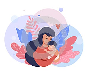 Mother Holding Baby Son. Happy Mothers Day greeting card.