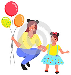 Mother Holding Balloons Standing by Kid Daughter