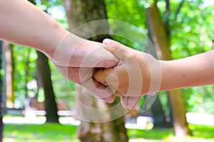 Mother holding a hand of her child`s on the road in the park, Cl