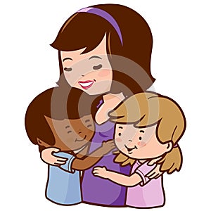 Mother holding her adopted children. Vector Illustration