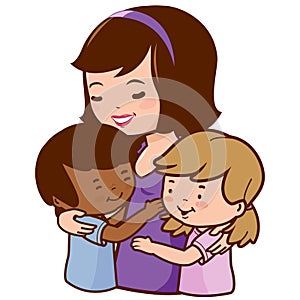 Mother holding her adopted children. Vector Illustration photo