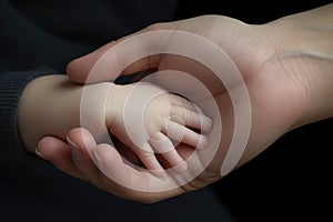 Mother holding her baby hand, closeup shot, isolated on black, A newborn baby and mother holding hands on a white background,