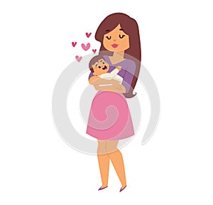 Mother holding her baby with love and care, both smiling. A young woman showing affection to her child. Motherhood and