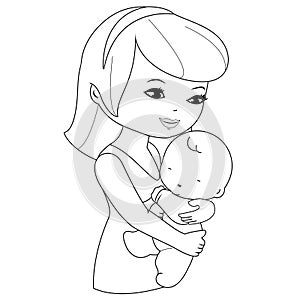 Mother holding her baby. Mommy holding her newborn infant in a hug. Vector black and white coloring page.