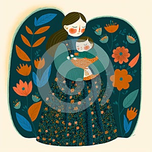 Mother holding her baby, watercolour gouache textured paper,illustrator,storybook style, subtle patterns