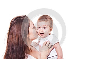 Mother holding her child on a white background