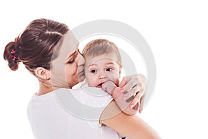 Mother holding her child on a white background