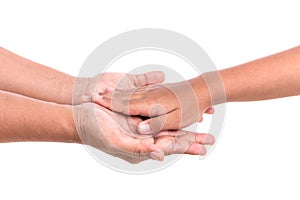 Mother holding her daughter hand. Help or support concept. Isolated on white