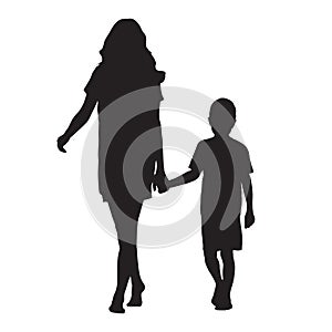 Mother holding her son by hand and going forward, isolated vector silhouette