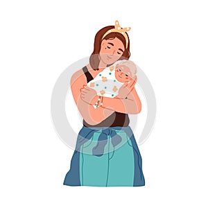 Mother holding and hugging newborn baby. Young mom cuddling wrapped infant with love. Woman parent with sleeping new