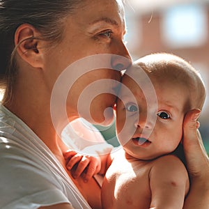 Mother holding and kissing new-born at home