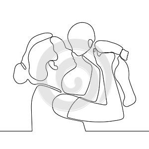 Mother holding little baby in her arms, continuous one line drawing. Happy family, parenthood. Black and white  photo