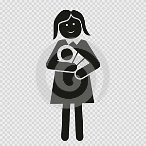 mother holding newborn baby, adult person with newborn baby, black silhouette, vector symbol