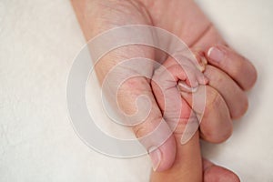 Mother holding newborn baby hand on bed