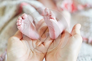 Mother holding newborn baby`s feet in her hands