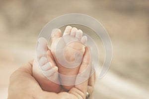 Mother holding newborn feet in her hand