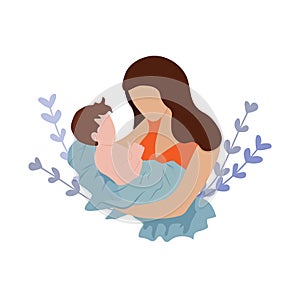 Mother holds the baby in her arms. Woman cradles a newborn.