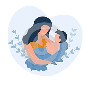 Mother holds the baby in her arms. Woman cradles a newborn. Cartoon design, health,