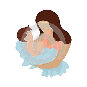 Mother holds the baby in her arms. Woman cradles a newborn. Cartoon design, health, care, maternity parenting.