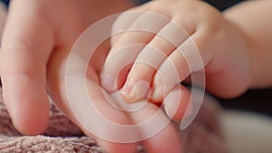 mother holds the hand of a newborn. children hand. hospital takes care of happy family medicine concept. newborn baby